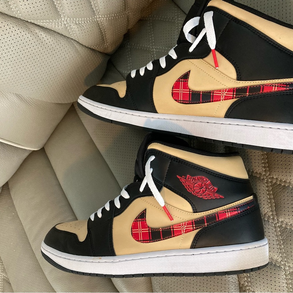 Jordan AJ 1 Mid high top red, black and tan shoes